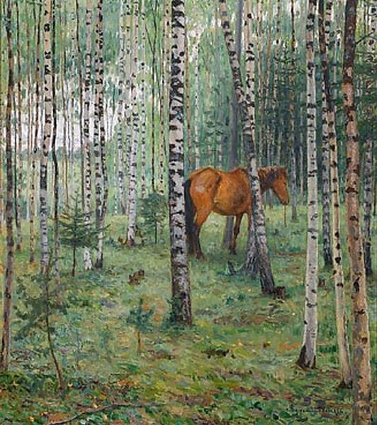 horse between birches